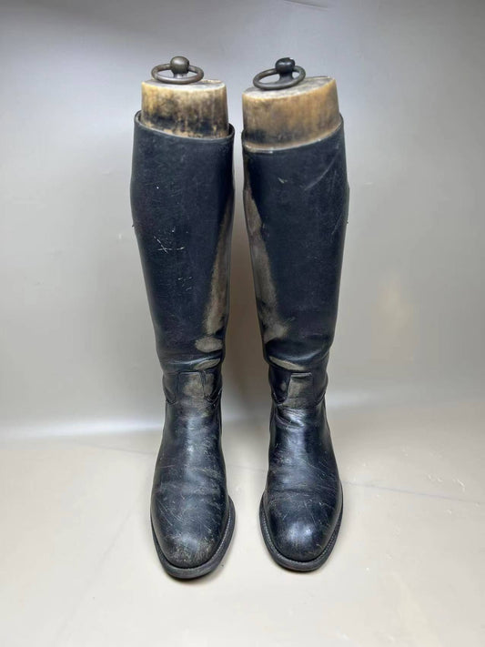 England Made Super BLACK Leather Riding Boots & Wooden Trees UK Size 7 E