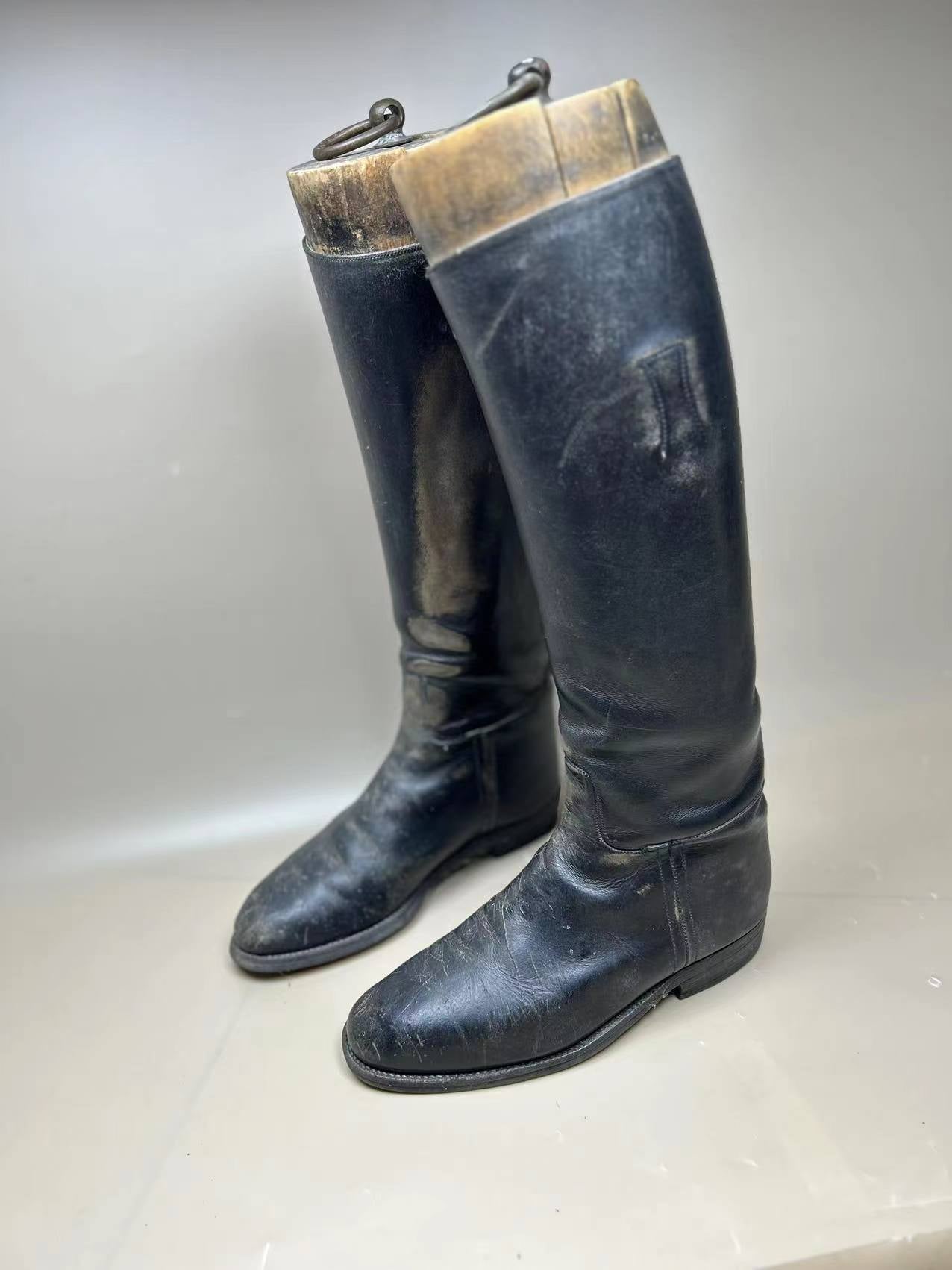 England Made Super BLACK Leather Riding Boots &amp; Wooden Trees UK Size 7 E